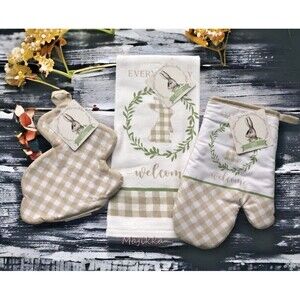 Easter Bunny Kitchen Dish Towel Potholder Oven Mitt Set of 3 Tan Buffalo Check
